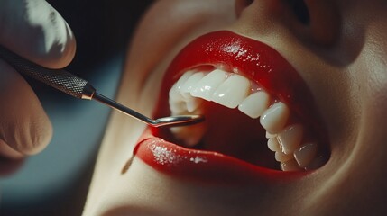 Close-up of a dental examination with a patient showing bright teeth and red lips.