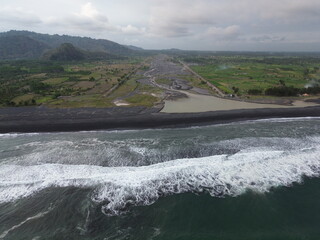 panoramic view of the beach was recorded using an aerial camera