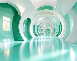 Fototapeta premium Abstract futuristic green hallway with circular architecture.