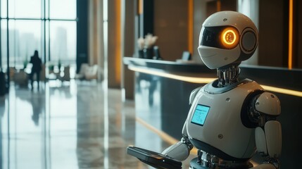 Modern Robot Stands in a Modern Office Lobby