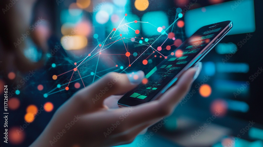 Poster person interacting with smartphone displaying digital data and technology visuals at night