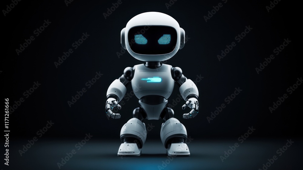 Poster A futuristic robot with a sleek design and glowing features, standing against a dark background.
