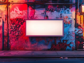 Urban night scene with empty blank neon billboard on graffiti wall in vibrant colors, mockup concept