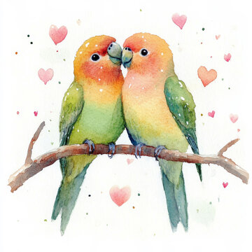 Two green parrots in love, delicate watercolor artwork, romantic couple, tropical birds illustration for home decor