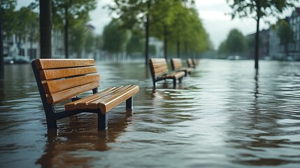 Submerged Benches: A Moody, Realistic City Flood Scene