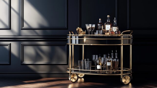 A stylish bar cart elegantly displaying various bottles and glassware in a sophisticated setting.
