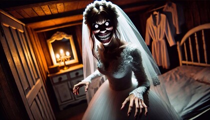 A chilling image of a bride in a white dress, her face contorted into a terrifying grimace, with glowing, sinister eyes and a creepy smile. The background is dimly lit, with an eerie atmosphere.