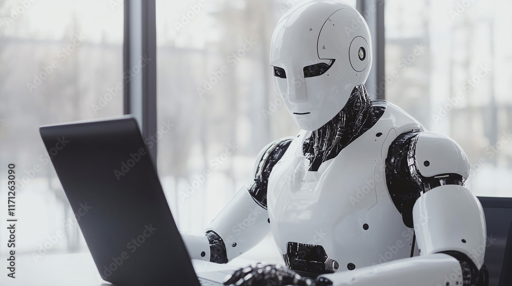 Poster robot working intently on laptop in modern office setting during daytime