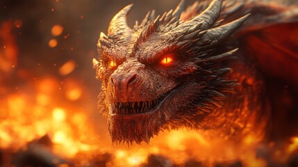 Obraz premium Fiery dragon portrait, close-up, intense gaze, flames background.