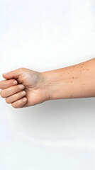 Woman's arm with small red spots on forearm, close-up shot against white background, for medical or health website.