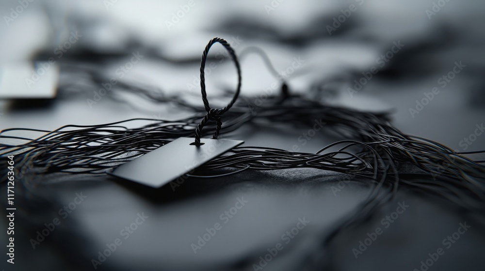 Poster artistic merchandise tags displayed on string studio setting photography minimalist environment clos