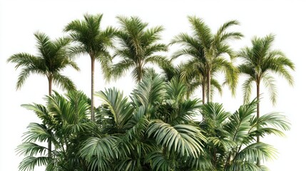 Tropical palm trees cluster isolated on white background. Lush green foliage and tall palm trees.