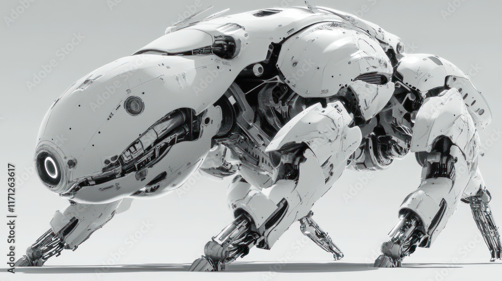 Poster a futuristic robotic creature with a sleek design and mechanical limbs.