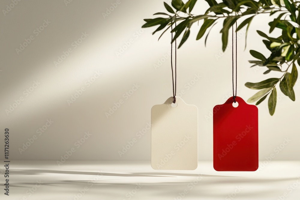 Poster dynamic hanging paper tags with bold graphics minimalist studio setting product photography soft lig