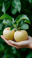 Woman's hands holding two ripe yellow apples with leaves in an orchard; food blog, recipe, harvest.
