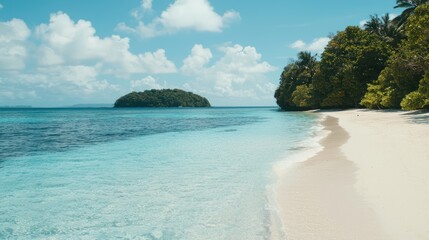 Obraz premium Tropical Beach with Crystal Clear Waters and Island Background