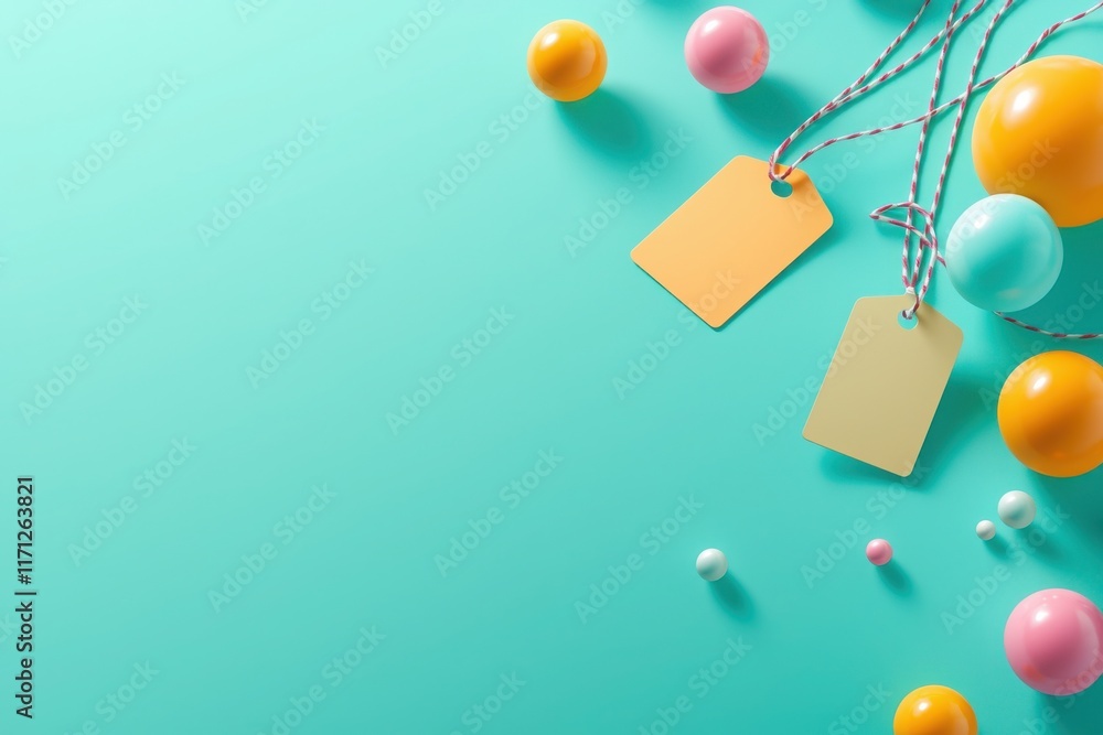 Poster dynamic merchandise layout with vibrant string tags studio setting graphic design creative workspace
