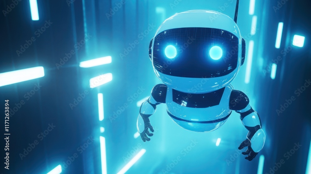 Aufkleber a futuristic robot with glowing eyes navigating a high-tech environment.