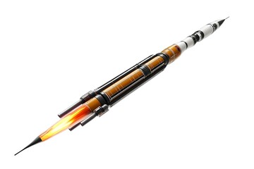 Naklejka premium A stylized rocket with fiery propulsion, representing space exploration technology.