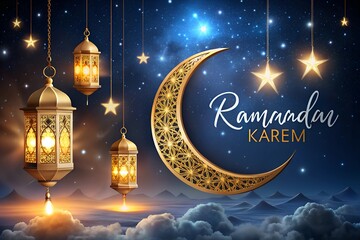 Ramadan Kareem Moon And Lanterns On Starry Night Background With Copyspace For Banner And Web