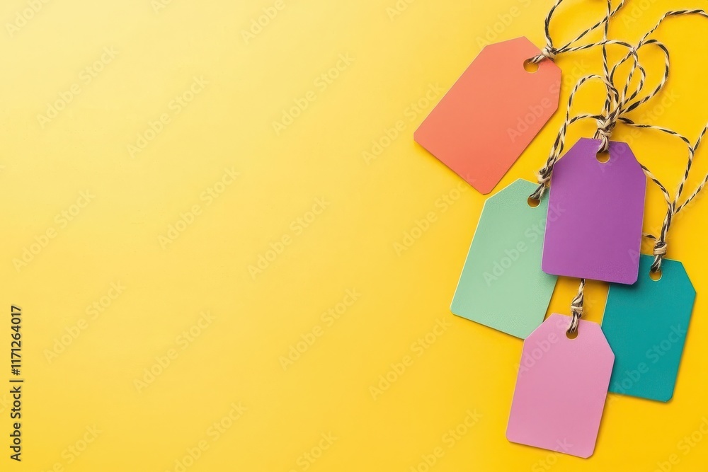 Poster dynamic packaging merchandise with vibrant string tags studio setting product photography creative e