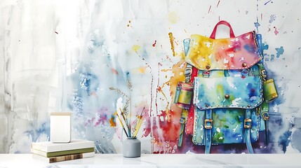 Watercolor painting of a colorful backpack on a minimalistic white wall, with a mockup