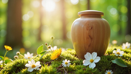 Biodegradable burial urn surrounded by flowers on moss in tranquil forest with soft sunlight