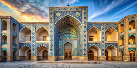 Architectural photography: ornate Bukhara Madrasah, old town detail.