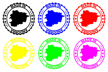 Made in Andorra - rubber stamp - vector, Andorra map pattern - black, blue, green, yellow, purple and red