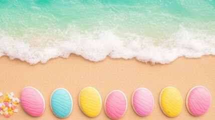 Obraz premium Colorful Egg Cookies on Sandy Beach with Gentle Crashing Waves in Background