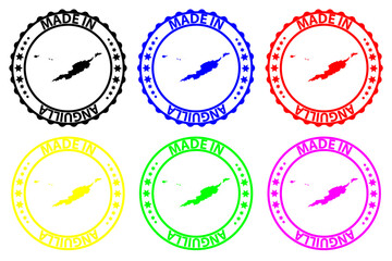 Made in Anguilla - rubber stamp - vector, Anguilla map pattern - black, blue, green, yellow, purple and red