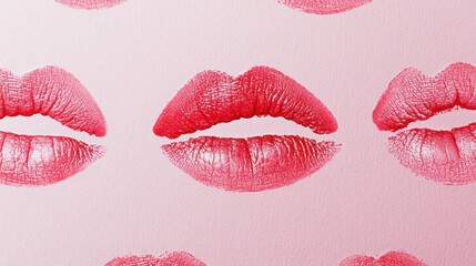 Fototapeta premium Red lipstick kiss marks on pink background