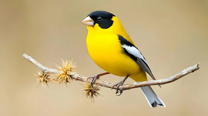 Naklejka premium Yellow bird perched on branch, autumn background, nature photography, wildlife poster.