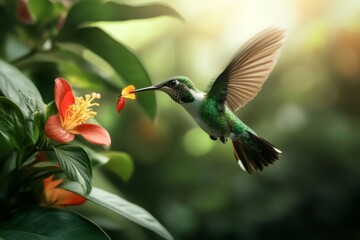 Fototapeta premium A lush jungle scene with a variety of tropical plants, colorful flowers, and a hummingbird in mid-flight