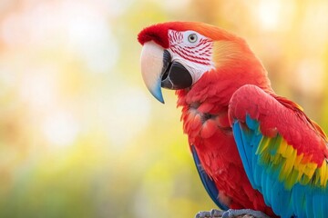 Obraz premium A macaw perched on a tree branch, its bright red and blue feathers standing out against the lush jungle
