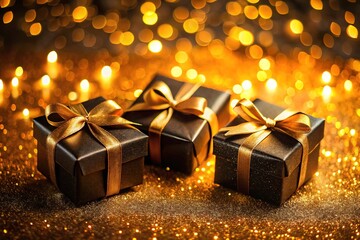 Black boxes, gold accents, sparkling, warm lights.