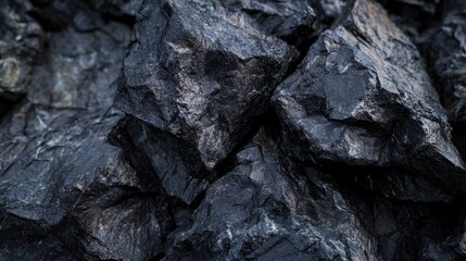Close-up view of dark gray rocks piled together. Texture, rugged, rough, stone, solid,