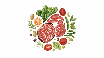 Delicious Steak, Vegetables, and Olives Arrangement for Menu Design.