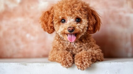 Adorable Poodle Toy Dog with Wide Eyes and Playful Tongue Out Pose