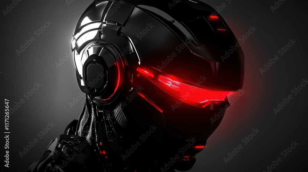 Poster a futuristic robotic head with glowing red eyes, emphasizing advanced technology and design.