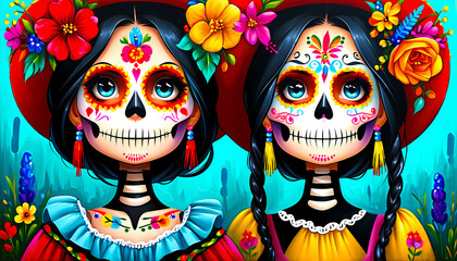 Mexikanischer Feiertag Dia de Muertos, zwei M&auml;dchen mit symbolischen Bemalungen und traditionellem Kost&uuml;men am  am Tag der Toten in Mexiko.