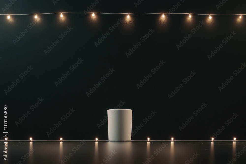 Poster elegant product display with glowing string lights minimalist setup indoor showcase cozy atmosphere 
