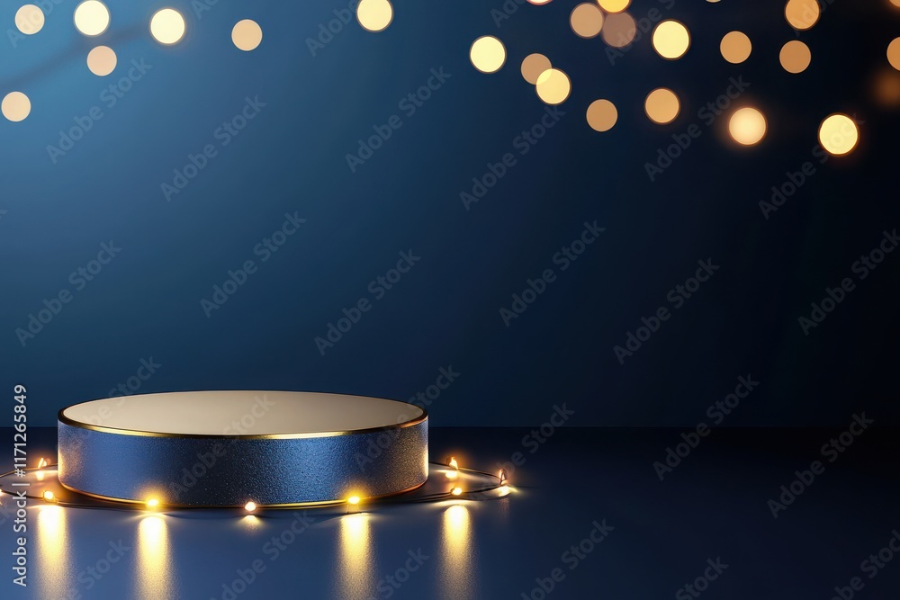 Poster Elegant product display with glowing string lights studio setting advertising concept dark background artistic viewpoint