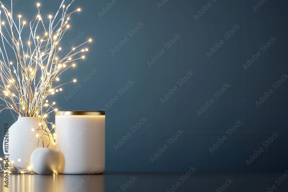 Poster elegant product display with glowing string lights indoor setup home decor minimalist environment cl