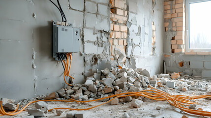 Demolition debris, electrical wires, unfinished room, renovation, construction site, home improvement.