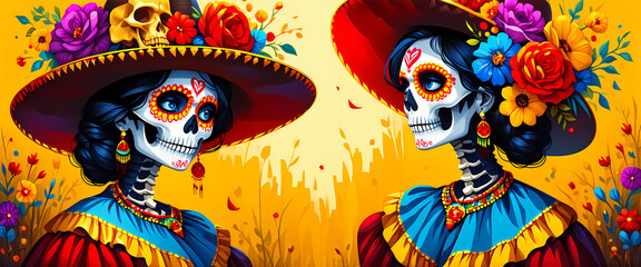 Frauen mit symbolischen Bemalungen und traditionellen Kost&uuml;men mit Blumen w&auml;hrend des mexikanischen Feiertags zum Tag der Toten, D&iacute;a de Muertos in Mexiko.