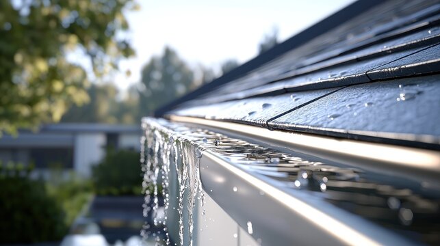 Rainwater cascading down a modern gutter system