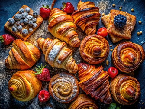 Buttery, golden ensaimadas and croissants, a close-up still life.