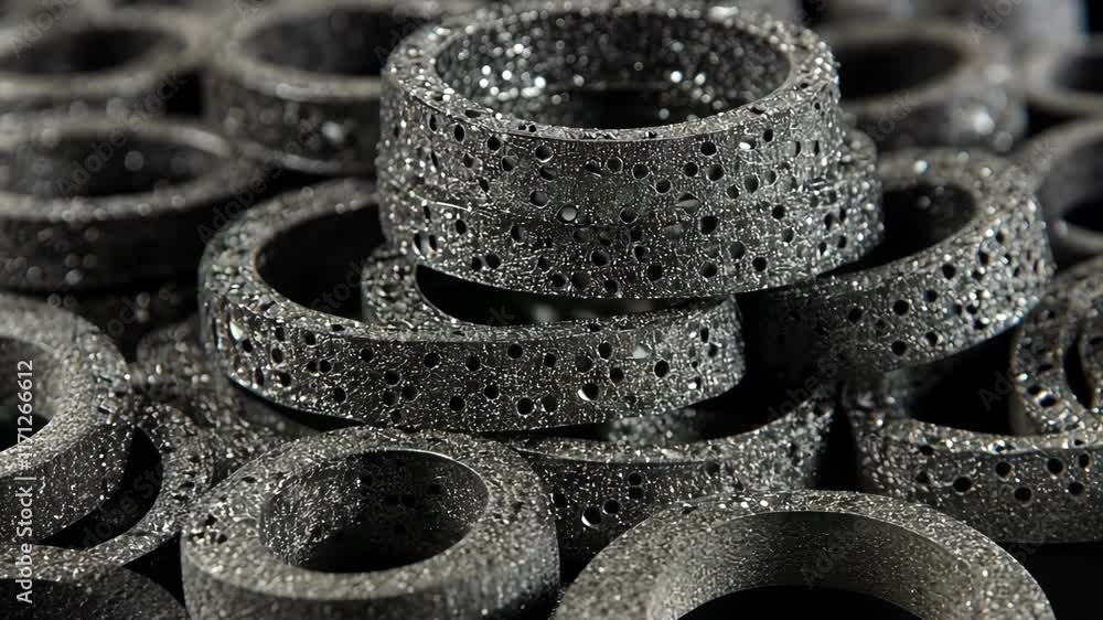 Poster close-up of a stack of metallic rings with intricate textures and patterns in industrial setting