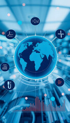 Globe with connected icons representing global healthcare. International medicine, global health initiatives, medical network